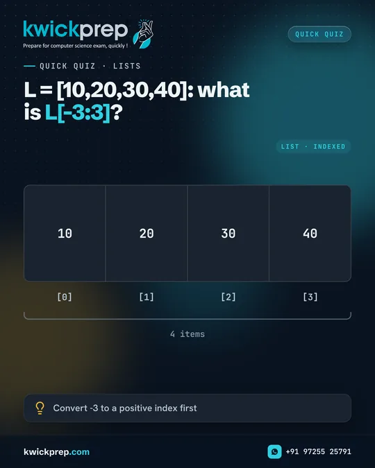 L = [10,20,30,40]: what is L[-3:3]?