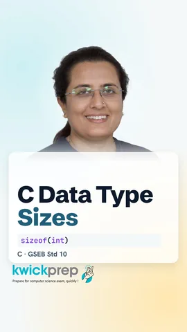 Table of C types and sizes: char 1, int 4 (old: 2), float 4, double 8.