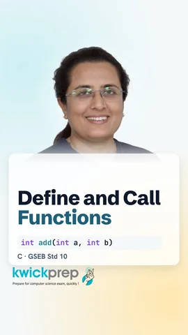 C code int add(int a, int b) returning a + b, called from main with 4 and 5, output 9.
