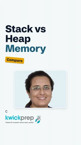 Table comparing stack and heap: holds, freed by, size.