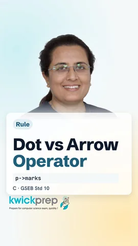Table: variable uses dot s.marks, pointer uses arrow p->marks, array uses c[1].roll.