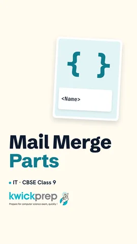 Table of mail merge parts: main document, data source and merge field.