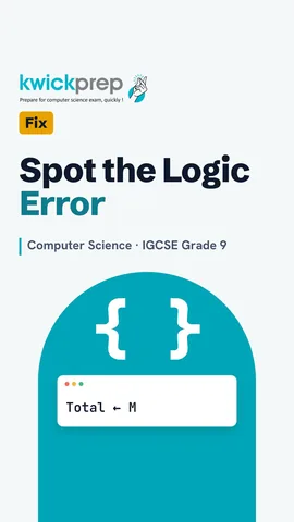 Pseudocode loop with the line Total ← M marked as a logic error.