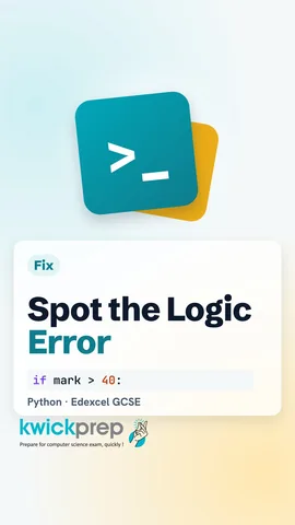 Python code: mark = 40, if mark > 40 prints Fail.