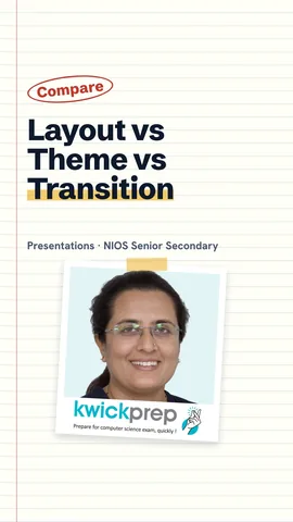Table comparing layout, theme and transition with examples.