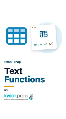 Text function table with MID, LEFT, INSTR and LENGTH examples.