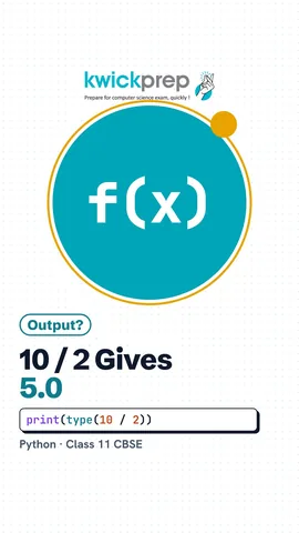 Python code print(type(10 / 2)) and print(type("5")) with outputs class float and class str.