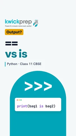 Python code bag1 and bag2 with pen and book, printing True, False, True.