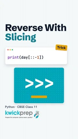 Code slicing the string SUNDAY with [0:3], [::2] and [::-1], showing SUN, SNA and YADNUS.