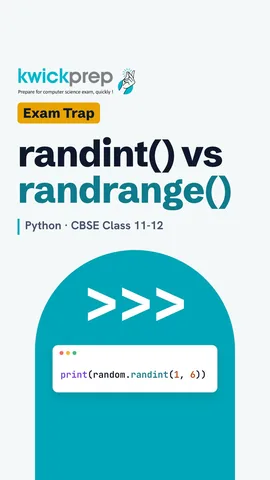 Table of random(), randint(1, 6) and randrange(1, 6) with the values each can return.