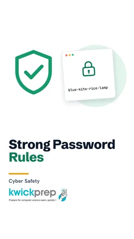 Weak passwords like password123 next to strong ones like blue-kite-rice-lamp.