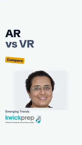Table comparing AR and VR by world, device and example.